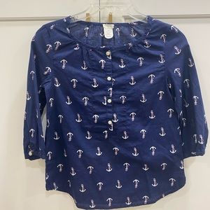 JCrew girls 3/4 length blouse. Almost new! Navy w/ anchors. 100% cotton.